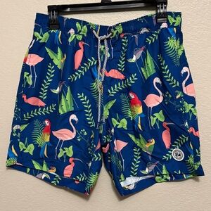 Source Unknown Navy Blue Tropical Flamingo Swim Trunks